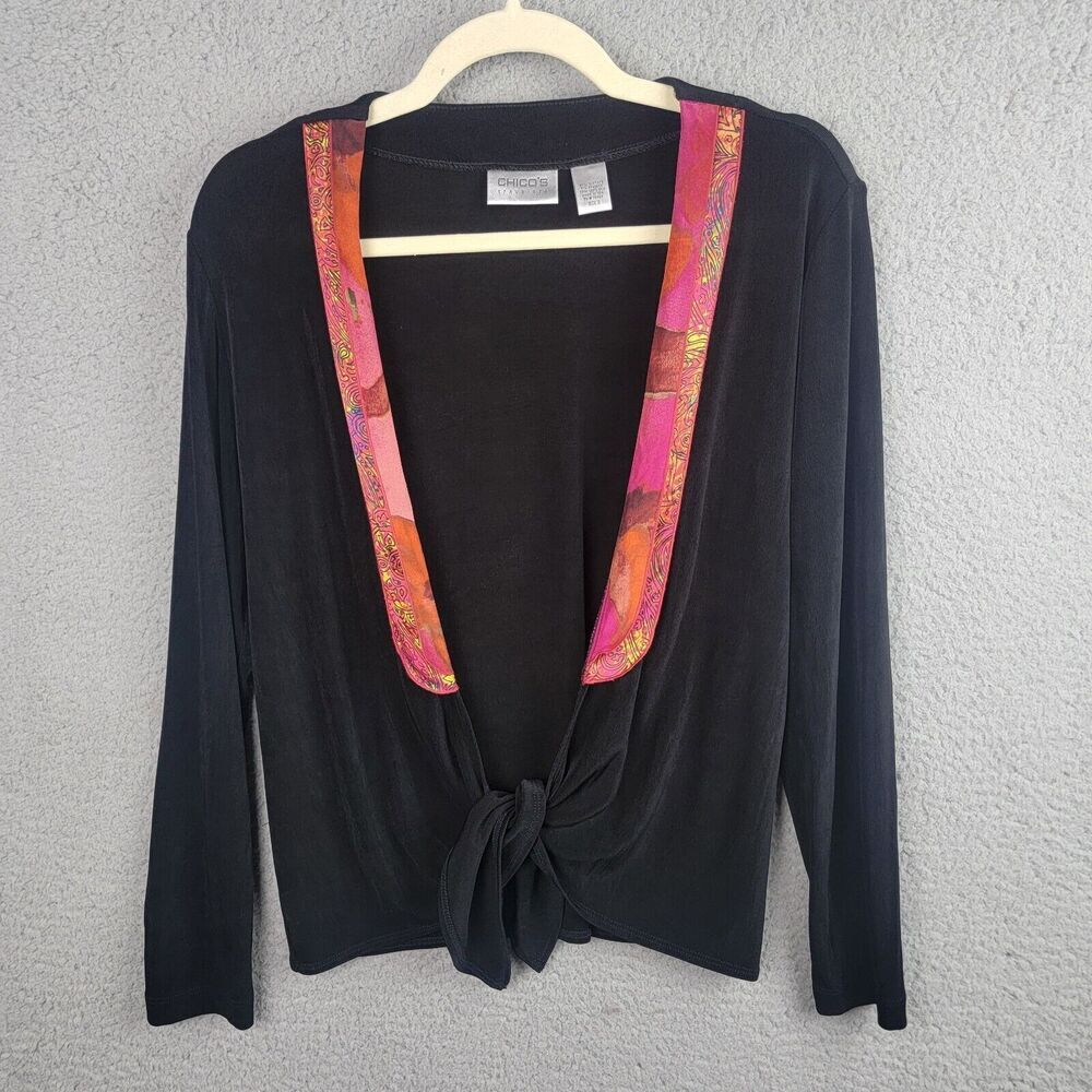 Chicos Travelers Black Tie Front Cardigan Size 0 Pink Silk Trim Stretch Knit